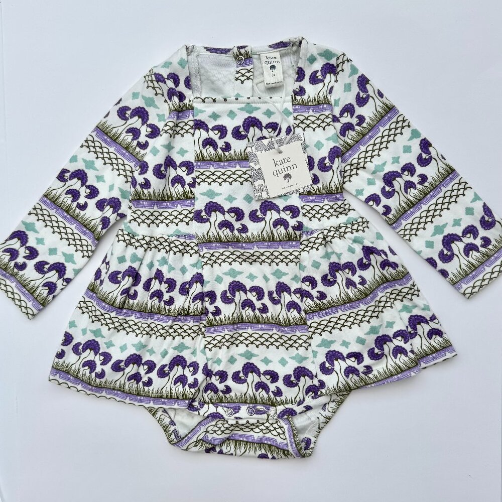 Kate Quinn Ballerina Bubble Romper | Long Sleeve Purple Earth Print | 2T | NWT